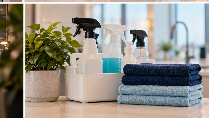 Clean towels and professional cleaning supplies