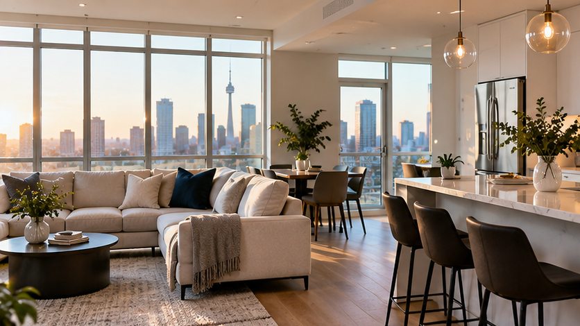 Bright, professionally styled condo living room and kitchen with Toronto skyline view